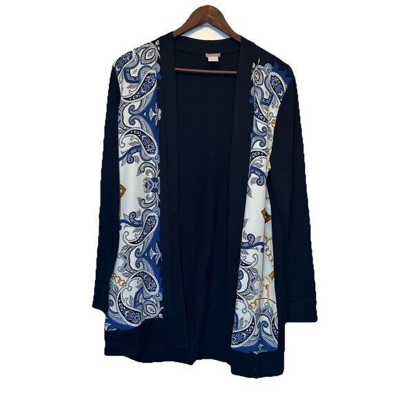 Chicos 1 Cardigan Sweater Medium Navy Blue White Paisley Gold Chain Open Front - Picture 1 of 7
